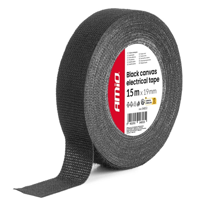 Banda izolatoare textila AMIO 04853, cu strat adeziv, rezistenta la rupere si abraziune, negru, 19 mm x 15 m, 0.4 mm