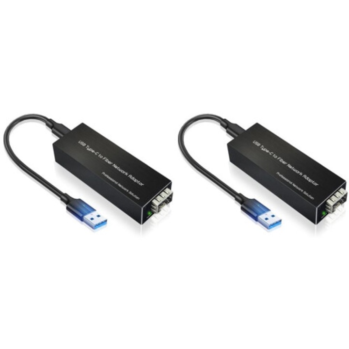 Комплект от 2 броя, USB-C към SFP адаптер, USB 3.0 мрежова карта, 2 x Gigabit 100/1000Base-X, съвместим с USB-C, Черен