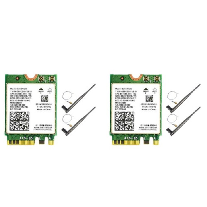 2 darabos készlet, AC8265 NGFF M.2 Wi-Fi modul (vezeték nélküli kártya), Dual Band 2.4/5GHz 300Mbps+867Mbps, Bluetooth 4.2, 6dB antennákkal, Zöld