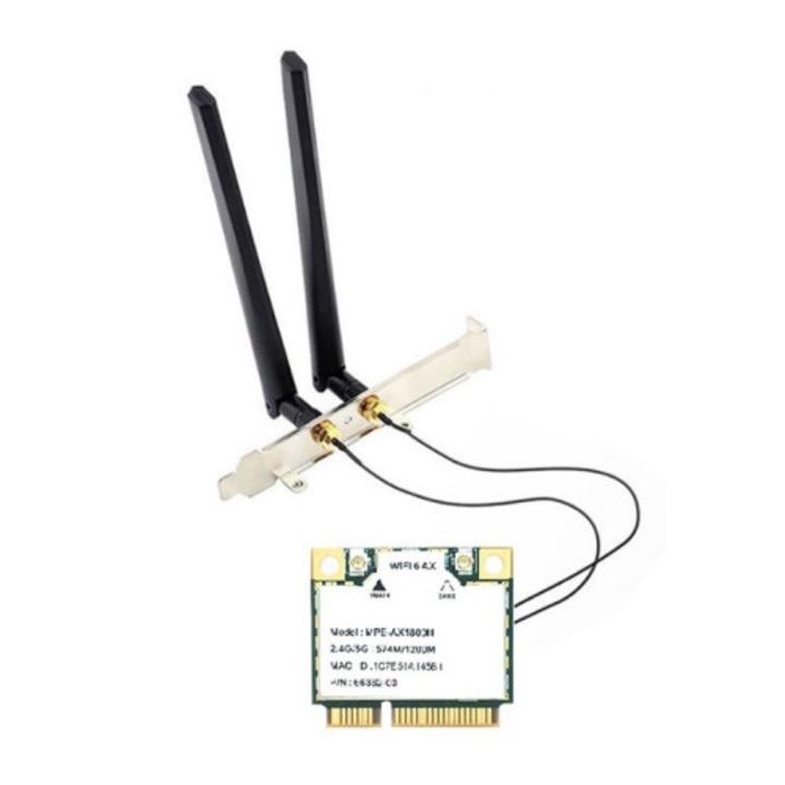 Мрежова карта WiFi MPE-AX1800H MT7921, WiFi 6 AX1800, двубандова 2.4/5 GHz, Bluetooth 5.2, PCIe с двубандови антени, черна, 1 бр