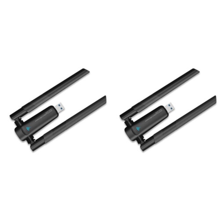 2 darabos készlet, USB WiFi adapter, Wi-Fi 6 vezeték nélküli hálózati kártya 1800 Mbps, kétsávos 5GHz/2.4GHz, nagy nyereségű antennákkal, Fekete