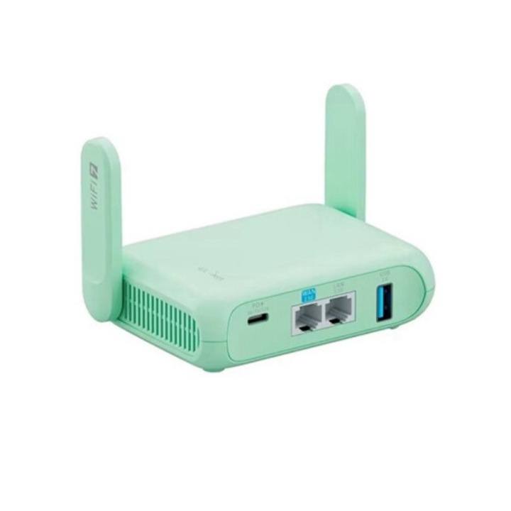 Router MT3600BE, dual band 2.5 GHz, Wi-Fi 7, VPN portabil, pentru masina, rulota, avion, birou, priza SUA, verde menta, 1 buc