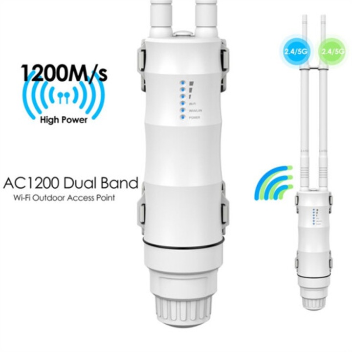 Router vezeték nélküli/Access Point AC1200, kétsávos 2.4/5 GHz, PoE, vízálló jelerősítő, irányított antennák 7-8 dBi, fehér, 1 db