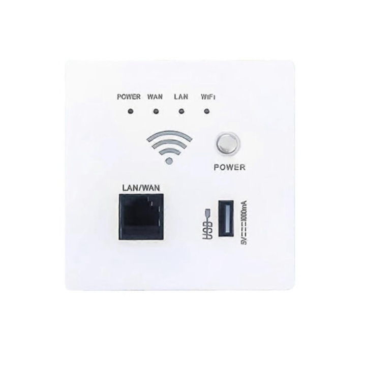 Vezeték nélküli router, WiFi, 300 Mbps, 2.4 GHz, RJ45 LAN/WAN porttal és USB porttal, beépített panel, Fehér
