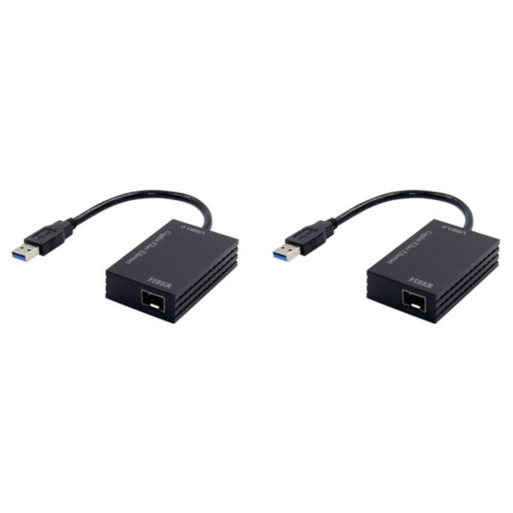 Комплект от 2 броя, USB 3.0 към Ethernet адаптер с оптично влакно Gigabit USB1000F-LX, едномодов 1310 nm 10 km, оптичен модул LC SFP, RTL8153, Черен, 2 x 1 бр