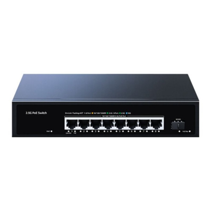 PoE мрежов комутатор 2.5GbE, 9 порта (8 x 2.5Gb PoE, 1 x SFP оптичен), без вентилатор, 10Gb uplink порт, Черен