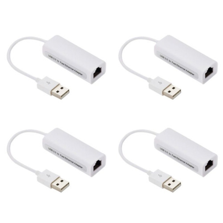 Комплект от 4 броя, USB-C към RJ45 адаптер, 100 Mbps мрежов конвертор, Plug&Play без драйвери, Бял
