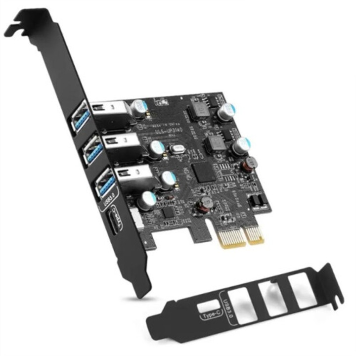 Placa de extensie PCIe USB 3.0, adaptor PCIe la USB 3.0, 3 porturi USB-A + 1 Type-C, fara alimentare externa, Compatibil PC, Negru, 1 buc