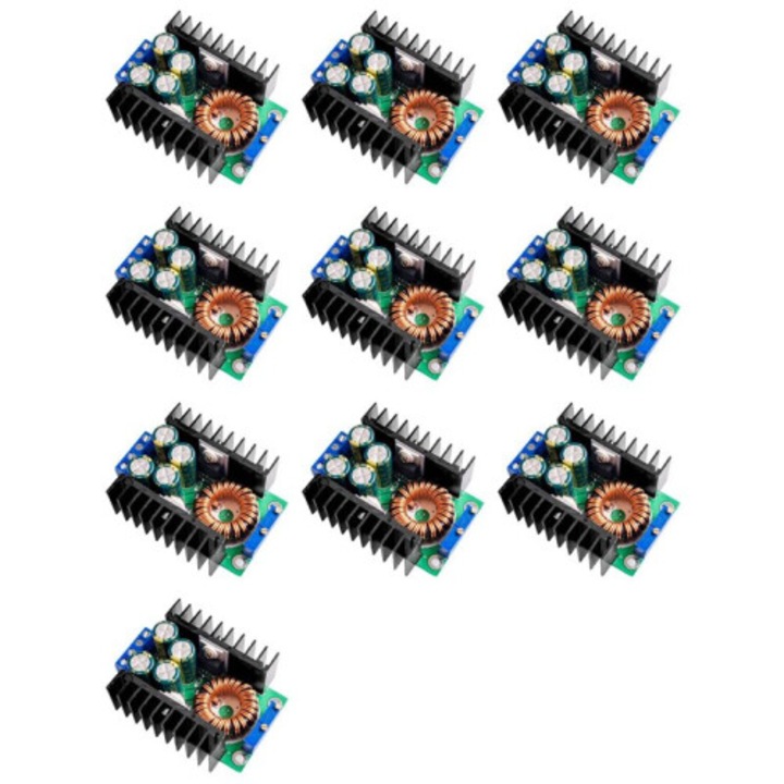 Set 10 bucati, convertor dc-dc step-down XL4016, 300W, max 9A, intrare 5-40V, iesire 1.2-35V reglabil, driver led, negru/verde
