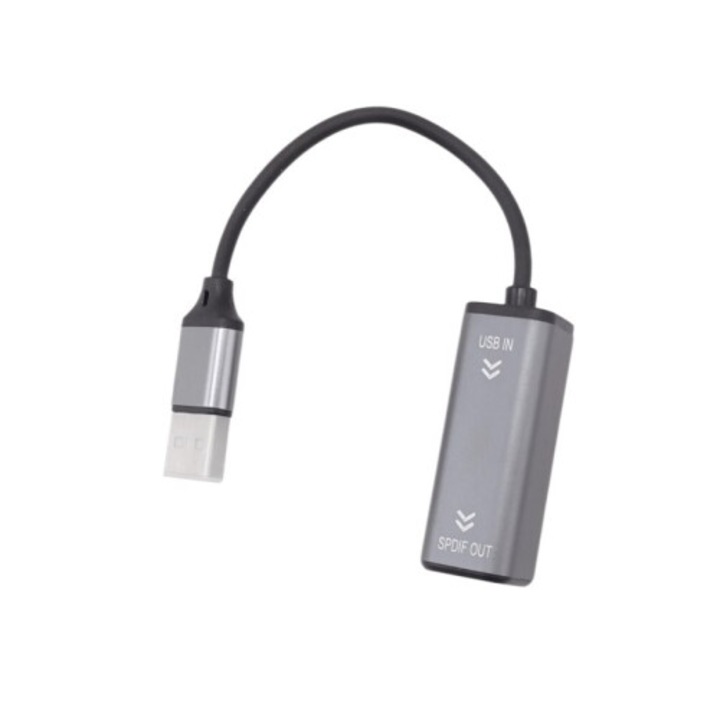 USB към оптичен аудио конвертор, USB към SPDIF адаптер, 24-bit/96 kHz, без инсталация, сив, 1 бр