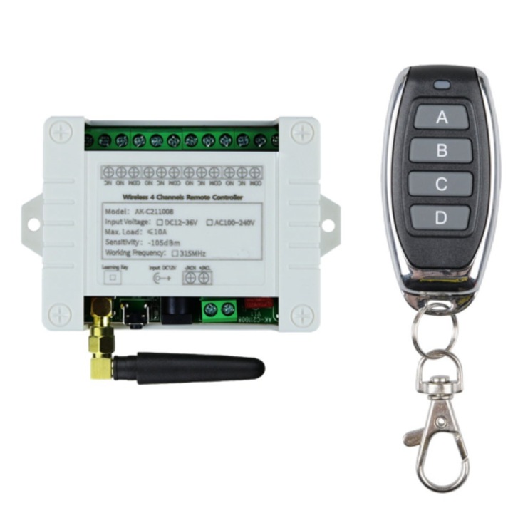 Receptor comutator wireless / modul de control AK-C211008, 4 canale, alimentare DC12-36V/AC100-240V, alb/negru, set 1 receptor + 1 telecomanda