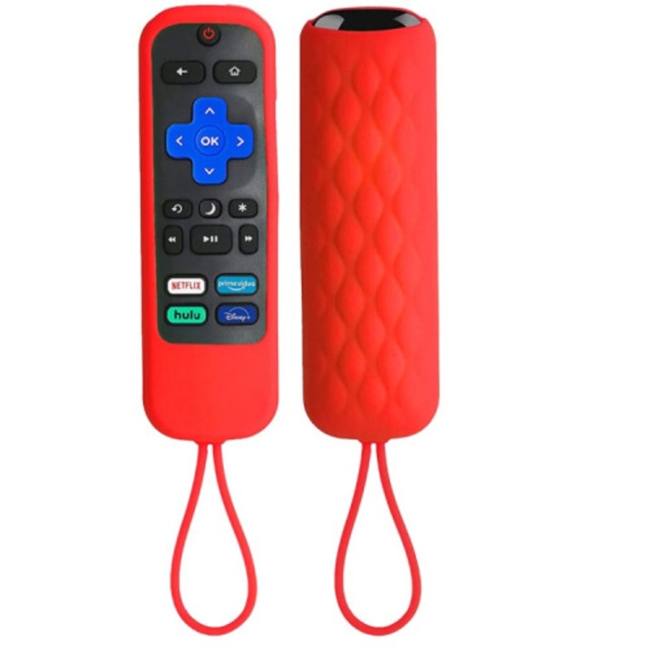 Set 2 bucati, husa din silicon pentru telecomanda compatibila cu TCL Roku 3600R/3900/Voice Rcal7R, cu textura antiderapanta si cordon, rosu