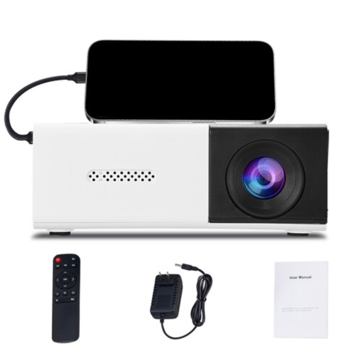 Мини преносим LED проектор, 1080p Full HD, автофокус, вградени високоговорители, безжичен, нисък шум 25 dB, въртяща се стойка на 180°, бял/черен, 1 брой