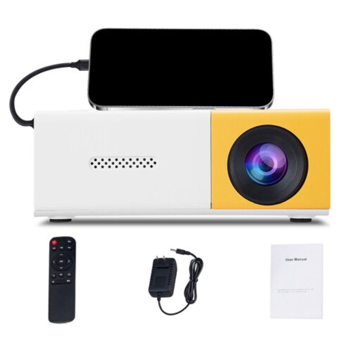 Hordozható mini projektor 4K kompatibilis, kompakt, fehér/sárga, 1 db