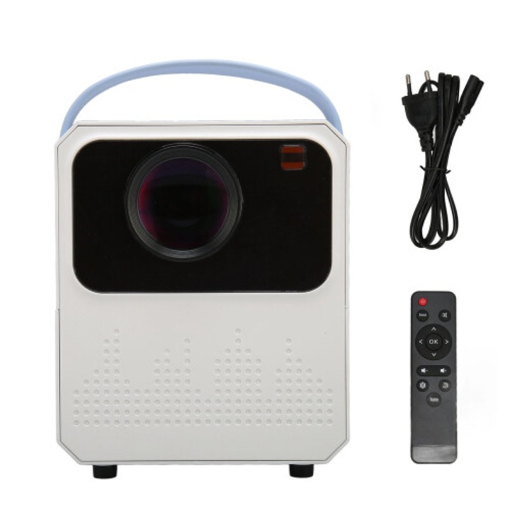 Mini projektor 1080p kompakt, hordozható vászonnal, akár 150 hüvelykes vetítés, automatikus trapézkorrekció, fehér, 1 db