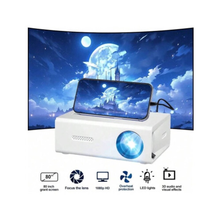Преносим проектор / видеопроектор Full HD 1080p, с LED лампа, ръчно фокусиране, съвместим със смартфон, изображение до 80 инча, Бял, 1 бр.