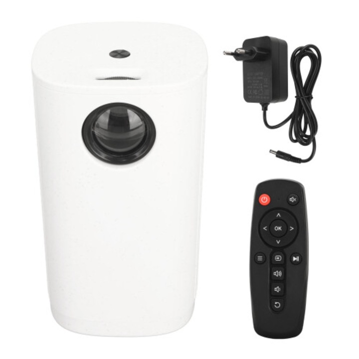 Mini proiector LED, качество като на кино у дома, с технология за защита на очите, живот на лампата 50 000 часа, Бял, 1 бр