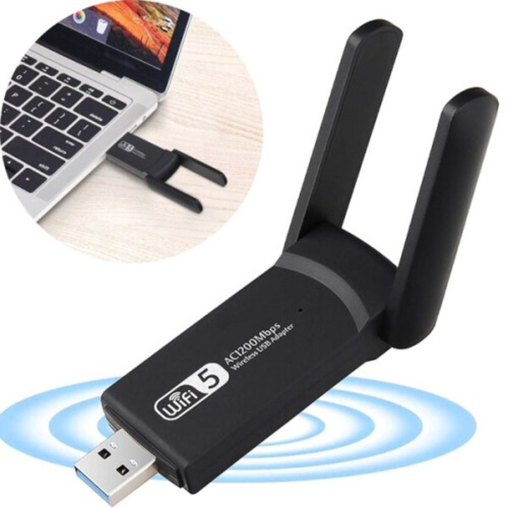 USB Wi-Fi AC1200 adapter, kétsávos USB hálózati kártya 2.4/5GHz, USB 3.0, külső antennákkal, fekete, 1 db