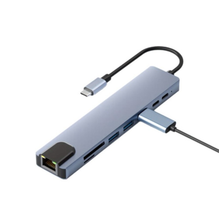 USB-C dokkolóállomás 8 az 1-ben, laptop adapter, RJ45, fekete