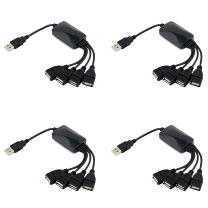 USB 2.0 kábel, 1 az 4-hez elosztó, hosszabbító, fekete, 4 db
