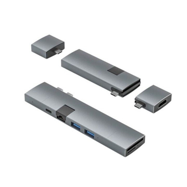 USB-C elosztó 7 az 1-ben, 4K 60Hz, Gigabit Ethernet, USB 3.0, fekete