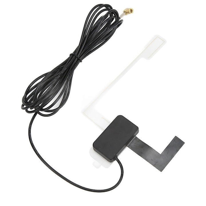 Antena auto DAB pentru parbriz, SMB femela 90°, castig 10 dB, semnal stabil cu amplificator integrat, cablu 3 m, ABS rezistent, Negru, 1 buc