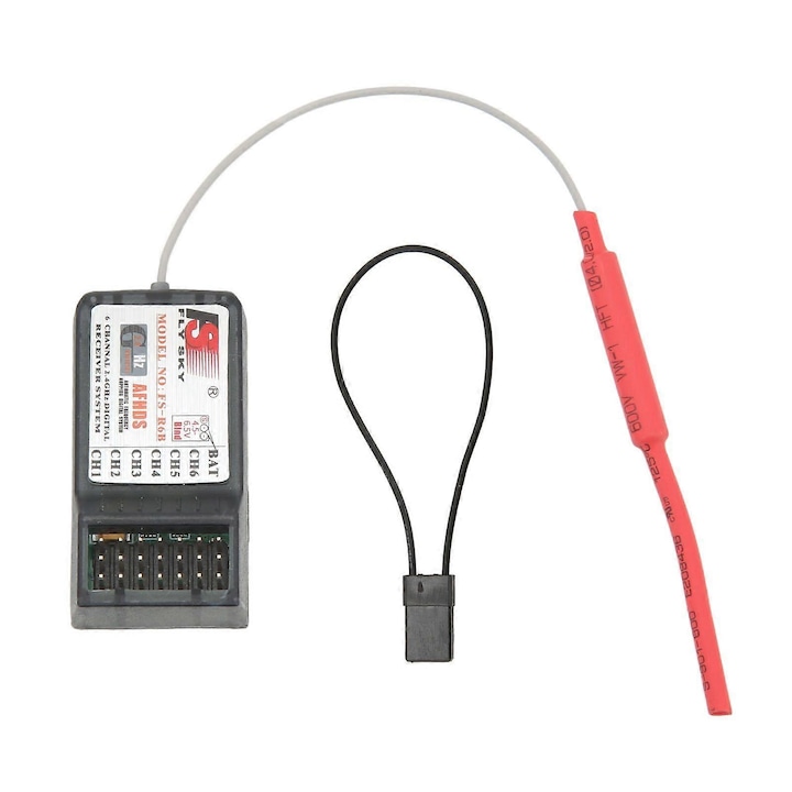 Receptor RC FS R6B, 2.4GHz, 6 csatornás, kompatibilis FlySky I6/i10/TH9X/CT6B/T6, átlátszó szürke, 1 db