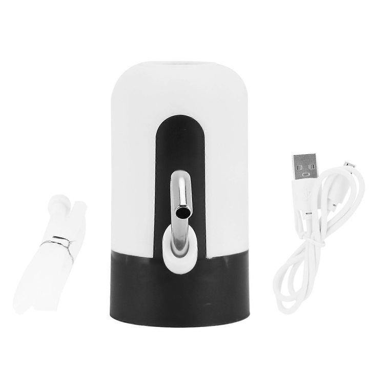 Elektromos vízadagoló pumpa, USB töltésű adagoló, újratölthető 1200mAh, kompatibilis 4.5-18.9L, ABS ház és rozsdamentes acél cső, élelmiszeripari szilikon tömlő, fehér, 1 db