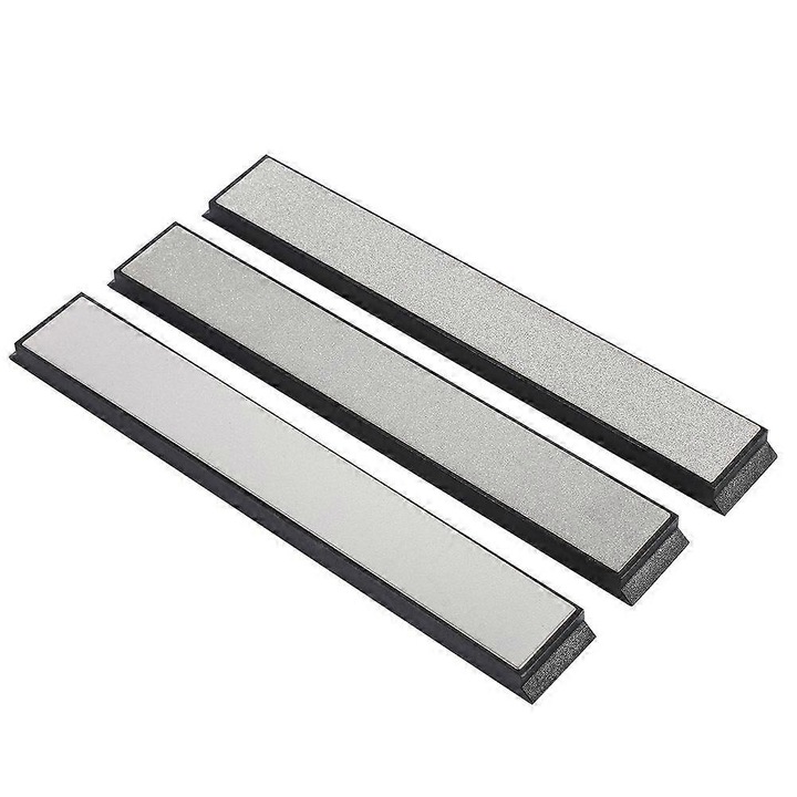 3 darabos készlet, gyémánt élezőkövek késekhez és ollókhoz, 240/600/1000 szemcseméret, csúszásmentes alappal, ezüst, 3 x 16 x 2.2 x 0.8 cm