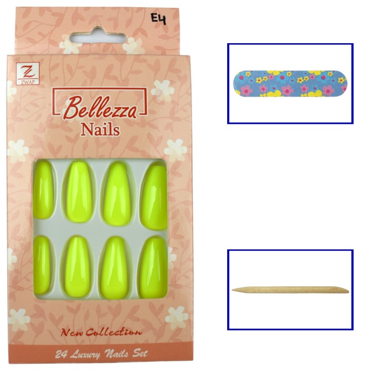 Bellezza Nails, unghii false din plastic lucioase, forma ballerina Ballerina Gloss, verde neon, set 24 buc, marime universala