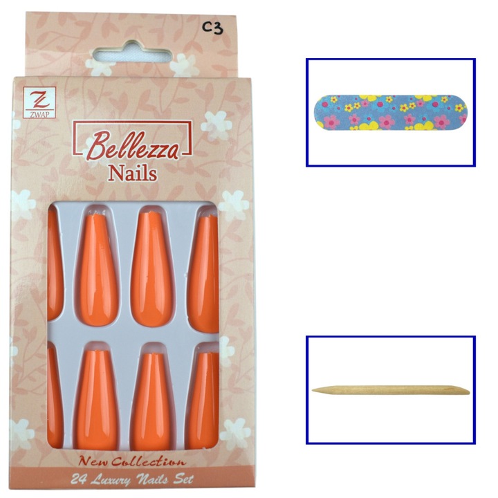 Bellezza Nails, tipsuri pentru unghii din plastic, lungi, lucioase, model Ballerina, portocaliu, 24 buc