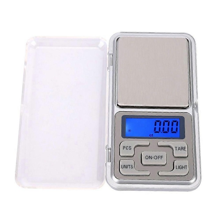 Cantar digital de precizie portabil, mini cantar de buzunar, acuratete 0.01 g, unitati g/oz/ct/gn, functie tare si numarare, lcd cu iluminare, argintiu, 1 buc