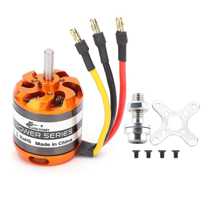 Motor brushless RC repülőhöz D3542-5-1250KV, kefe nélküli, külső rotoros, maximális tolóerő 1350g, fém, tartóval, adapterrel és csavarokkal együtt, narancssárga/ezüst, 1 db