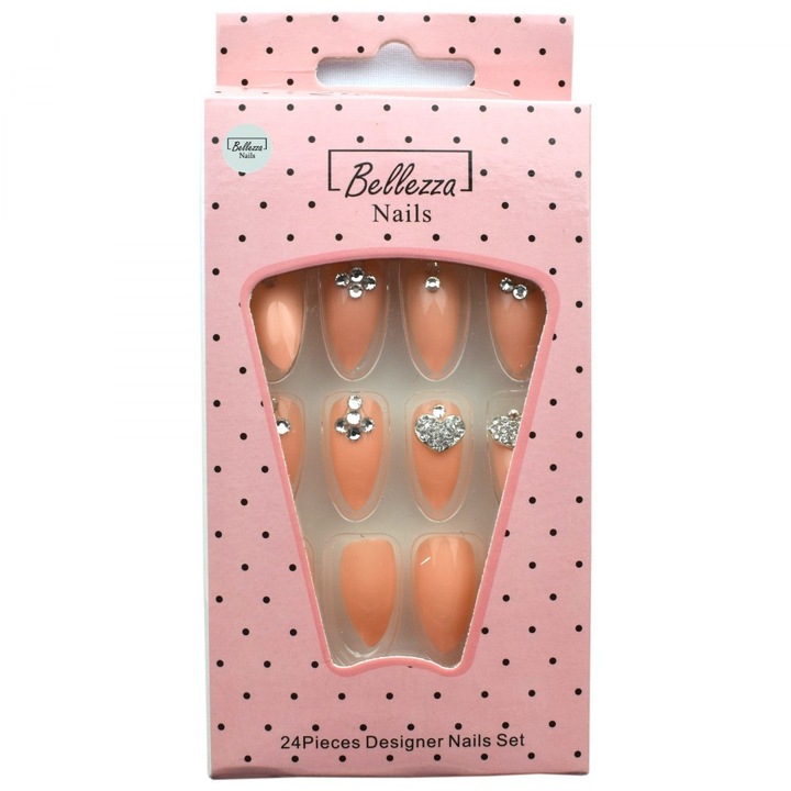 Tipsuri unghii false Bellezza Nails ZZ28, decorate cu strasuri, aplicare rapida, bej, 24 buc