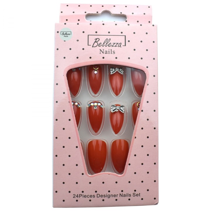 Tipsuri / unghii false Bellezza Nails ZZ38, decorate, usor de aplicat, corai, 24 buc