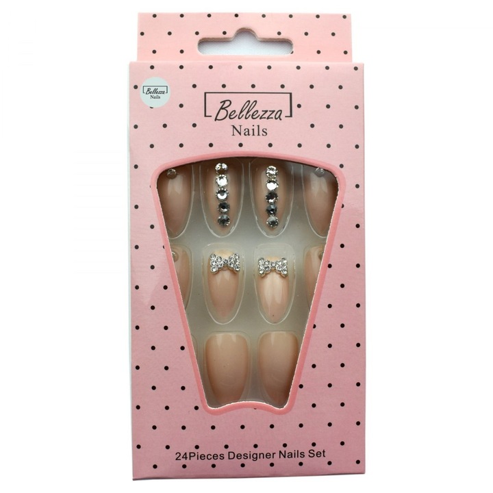 Bellezza Nails, Set unghii false din acrilic decorate cu cristale – 24 bucati, Bej (ZZ32), Diverse marimi