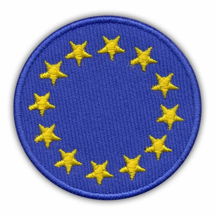 Hímzett textil embléma, felvarrható jelvény/patch, forrón vágott széllel és sűrű varrással, Európai Unió zászlaja, Kék/sárga, O 5,1 cm