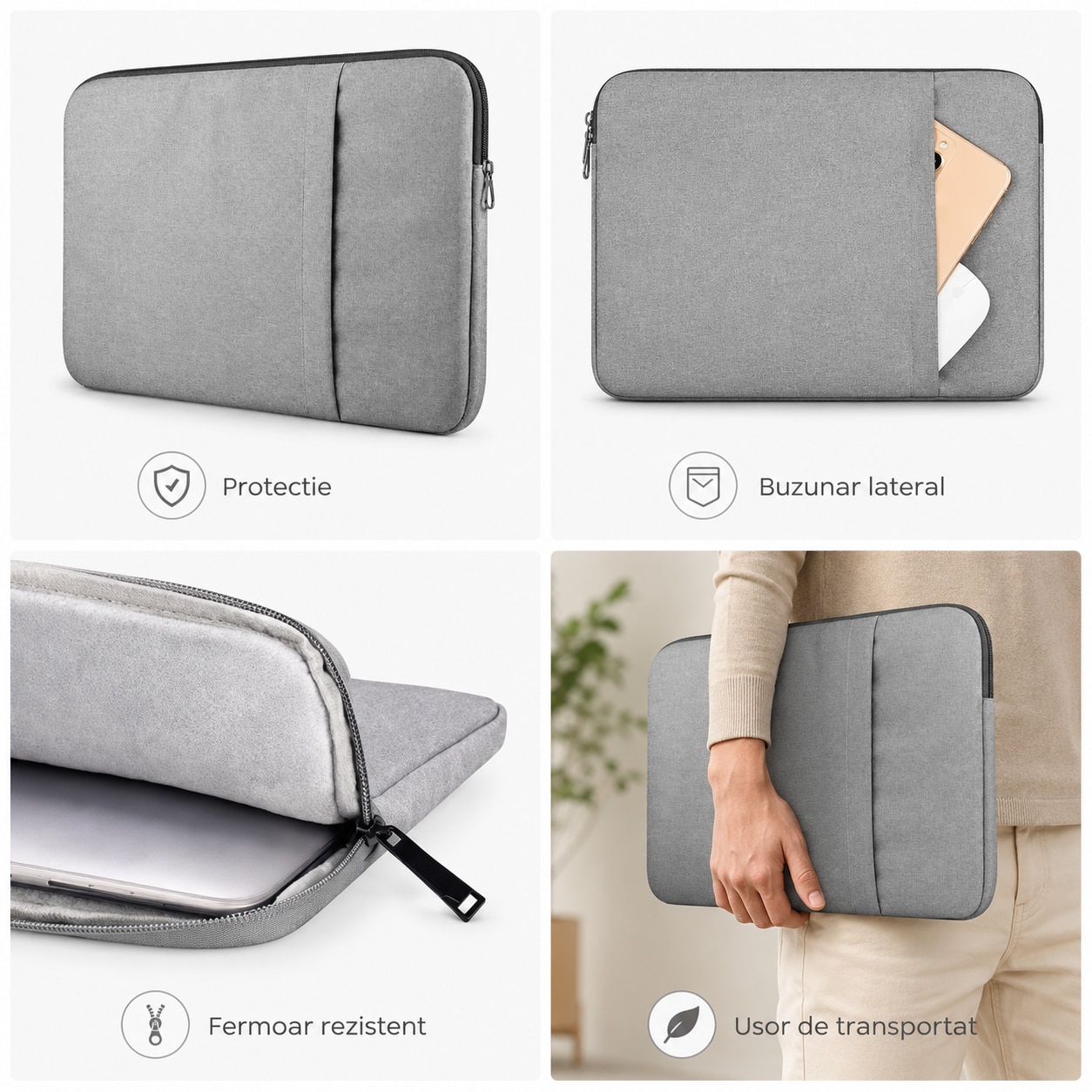 Husa laptop universala, compatibila 15.6 inch, buzunar lateral, inchidere cu fermoar, 40 x 30 x 2 cm, material textil, gri