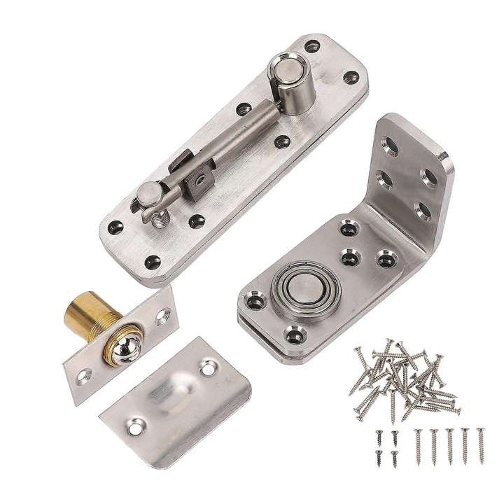 Set 4 piese, balama ascunsa pentru usa pivot din otel inoxidabil periat, capacitate de incarcare 600 lbs, argintiu