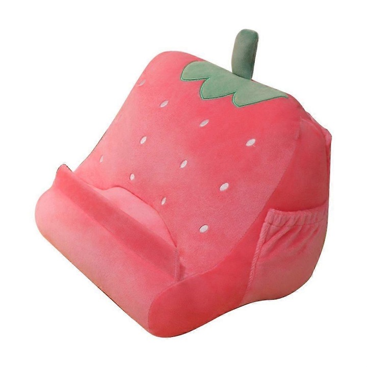 Perna suport pentru tableta triunghiulara din plus moale, cu buzunare laterale si panou frontal pentru dispozitive, Roz, 30x20x20 cm, 1 buc