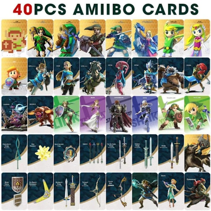 Комплект от 40 броя, Amiibo NFC карти Legend of Zelda: Breath of the Wild / Tears of the Kingdom, съвместими с Amiibo, честота 13.56 MHz, Многоцветен