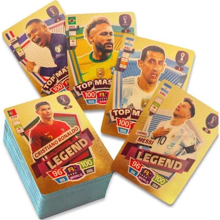 Set 55 bucati carduri fotbal 2022/23 World Cup, UEFA Champions League, film auriu, PVC rezistente la apa si murdarie, fara duplicate, engleza, auriu