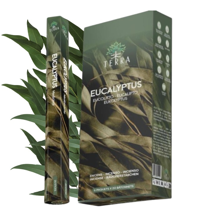 Terra Eucalyptus illatos füstölőpálcika, tömjén, szénmentes, égési idő 25 perc, zöld, 20 darab