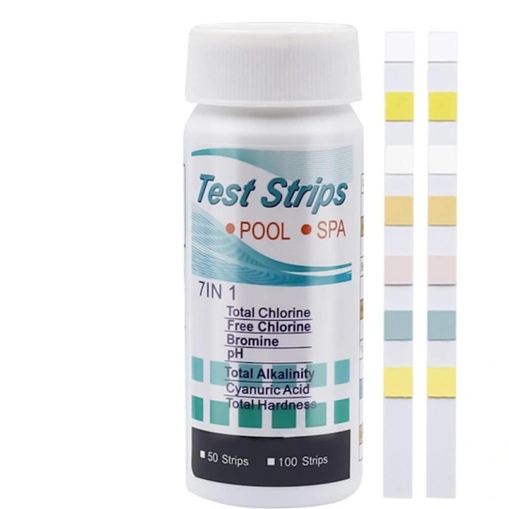 Benzi de testare a apei pentru piscina si spa, 7-in-1, testeaza duritate totala, clor total si liber, pH, alcalinitate, brom, acid cianuric, Multicolor, 100 bucati