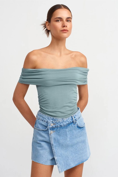 Bluza dama, dilvin, bluza slim fit cu umeri goi, elegant, verde salvie, jerseu