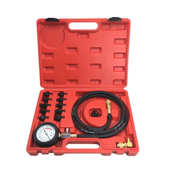 Tester presiune ulei, manometru presiune ulei, Kit universal, cu adaptoare multiple si furtun 1200 mm, geanta practica, negru/rosu, 1 set