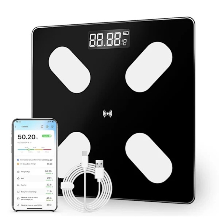Cantar corporal digital, analiza compozitie corporala 16 masuratori, Bluetooth compatibil Android/iOS, sticla securizata, ecran LED, Negru, 1 buc