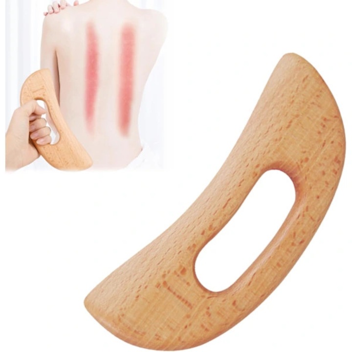 Instrument masaj gua sha, guasha din lemn, ergonomic cu maner, pentru corp si fata, natural, 1 buc
