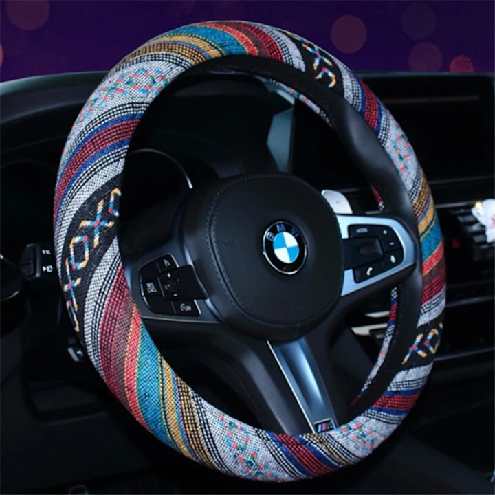 Husa volan, copertina volan, stil etnic Mayas, din in, respirabila, absorbanta de transpiratie, universala pentru volane d-forma/rotunde 37-38 cm, multicolor, 1 buc