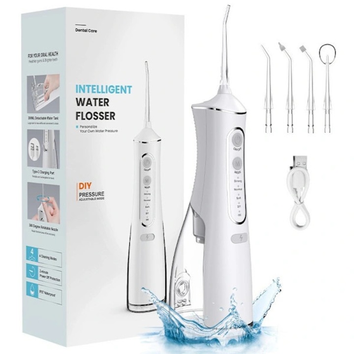 Irigator oral, aparat de curatare interdentara portabil reincarcabil, 4 moduri, 4 duze interschimbabile, IPX7 impermeabil, presiune reglabila 20-140 psi, USB Type-C, Alb, 1 buc